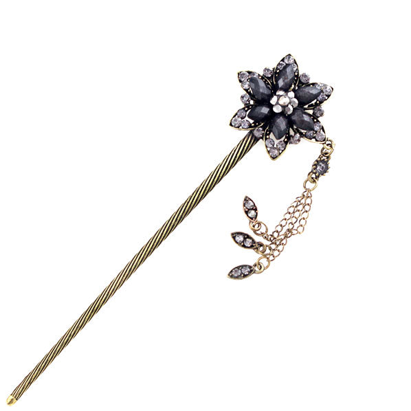 Rhinestone Antique Brass Finish Hair Stick Star Flower with Tassels