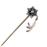 Rhinestone Antique Brass Finish Hair Stick Star Flower with Tassels