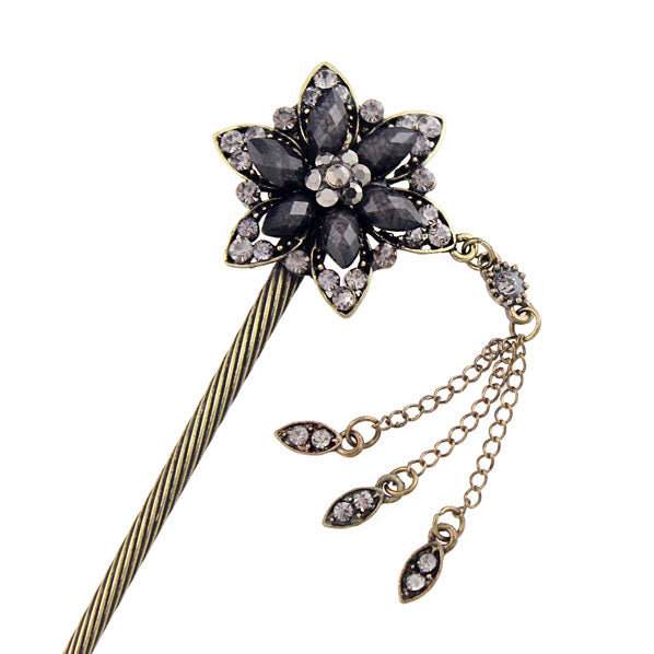 Rhinestone Antique Brass Finish Hair Stick Star Flower with Tassels