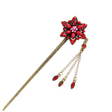 Rhinestone Antique Brass Finish Hair Stick Star Flower with Tassels