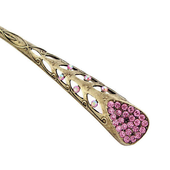 Antique Brass V Shape Hair Stick with Blue Rhinestones