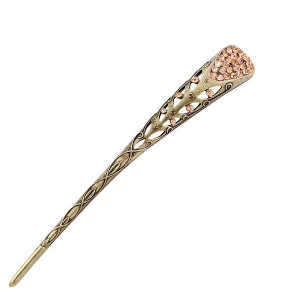 Antique Brass V Shape Hair Stick with Purple Rhinestones