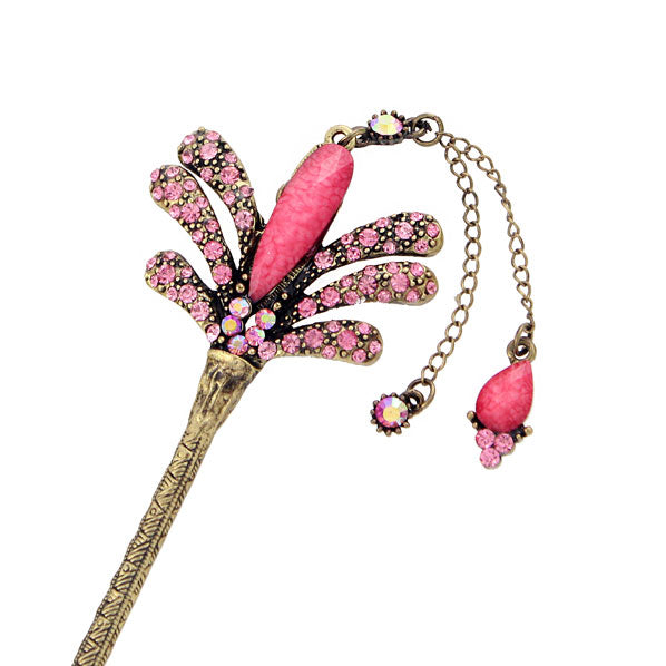 Blue Rhinestone Floral Hair Stick in Antique Brass Finish with Tassels