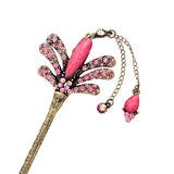 Blue Rhinestone Floral Hair Stick in Antique Brass Finish with Tassels