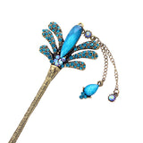 Rhinestone Floral Hair Stick in Antique Brass Finish with Tassels