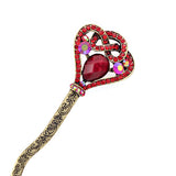 Blue Rhinestone Heart Hair Stick in Antique Brass Finish