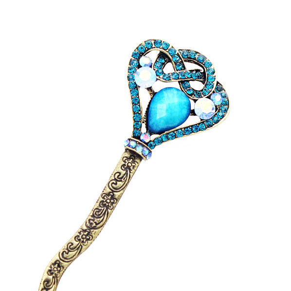 Rhinestone Heart Hair Stick in Antique Brass Finish