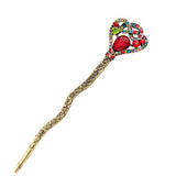 Rhinestone Heart Hair Stick in Antique Brass Finish