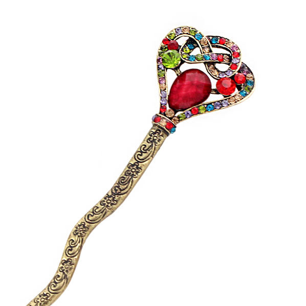 Rhinestone Heart Hair Stick in Antique Brass Finish