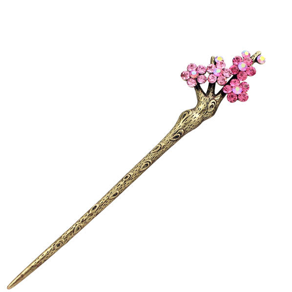 Red Rhinestone Plum Flower Hair Stick in Antique Brass Finish