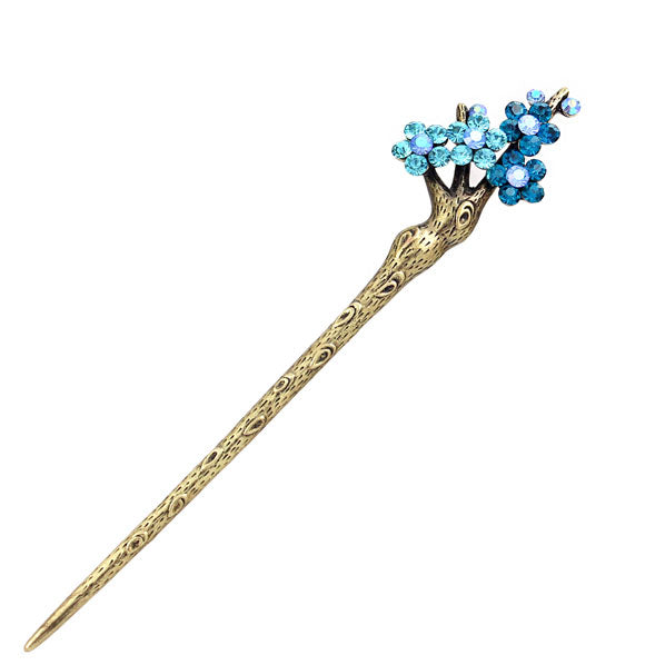 Rhinestone Plum Flower Hair Stick in Antique Brass Finish