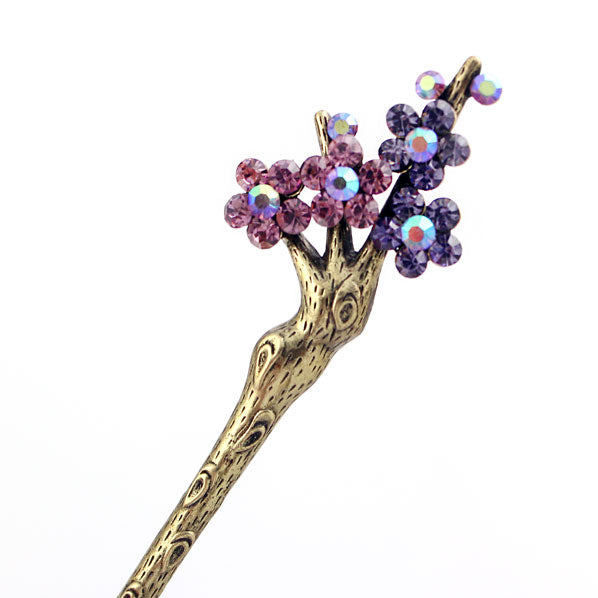 Rhinestone Plum Flower Hair Stick in Antique Brass Finish