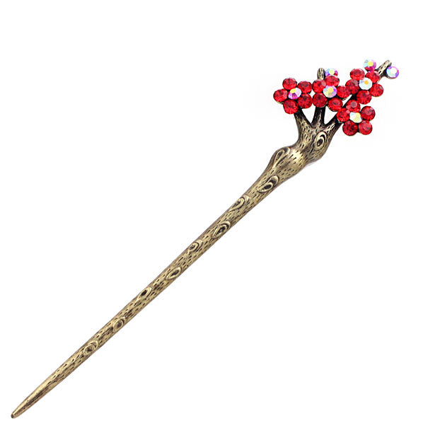 Rhinestone Plum Flower Hair Stick in Antique Brass Finish
