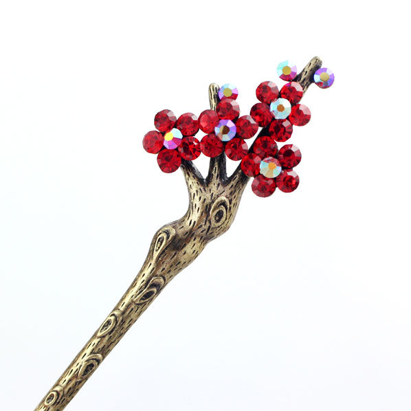 Rhinestone Plum Flower Hair Stick in Antique Brass Finish