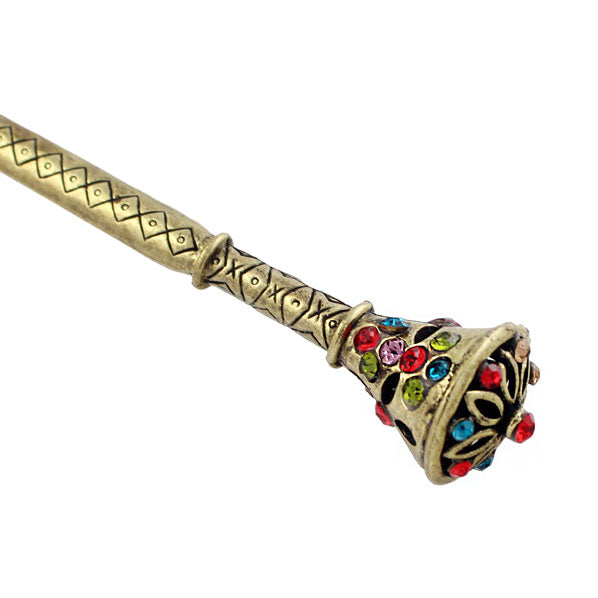 Antique Brass Finish Hair Stick with Rhinestones