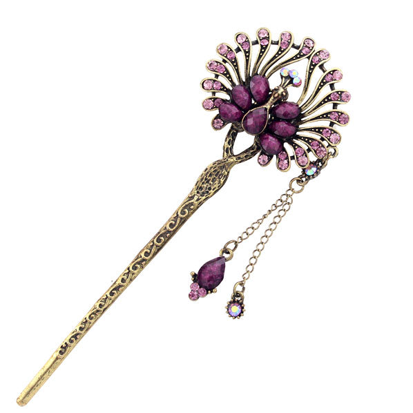 Peacock Fringed Hair Stick with Rhinestones in Anqitue Brass Finish