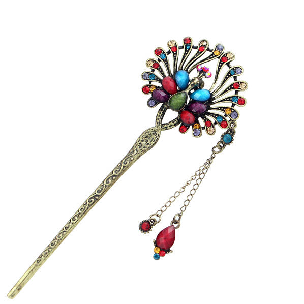 Peacock Fringed Hair Stick with Rhinestones in Anqitue Brass Finish
