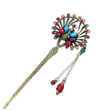 Peacock Fringed Hair Stick with Rhinestones in Anqitue Brass Finish