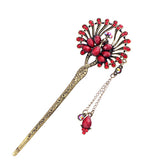 Purple Peacock Fringed Hair Stick w/ Rhinestones Anqitue Brass Finish