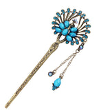 Peacock Fringed Hair Stick with Rhinestones in Anqitue Brass Finish