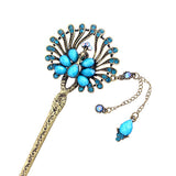Peacock Fringed Hair Stick with Rhinestones in Anqitue Brass Finish