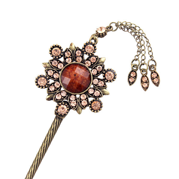 Purple Rhinestone Antique Brass Hair Stick Circle with Tassels