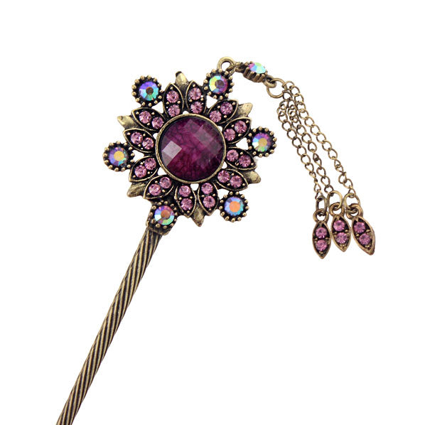 Red Rhinestone Antique Brass Hair Stick Circle with Tassels