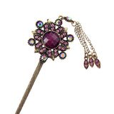 Red Rhinestone Antique Brass Hair Stick Circle with Tassels