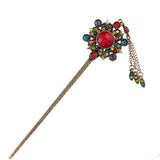Rhinestone Antique Brass Hair Stick Circle with Tassels