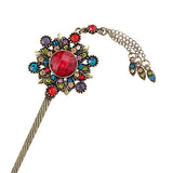 Rhinestone Antique Brass Hair Stick Circle with Tassels
