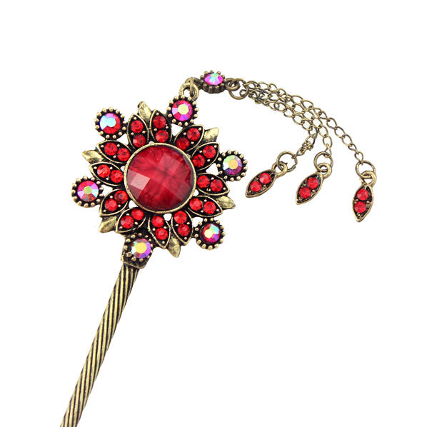 Rhinestone Antique Brass Hair Stick Circle with Tassels