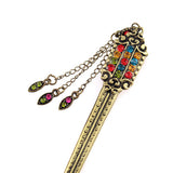 Antique Brass Finish Flat Hair Stick with Rhinestones & Tassels