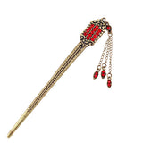 Antique Brass Finish Flat Hair Stick with Rhinestones & Tassels Blue