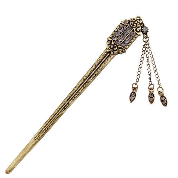 Antique Brass Finish Flat Hair Stick with Rhinestones & Tassels
