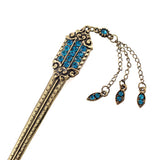 Antique Brass Finish Flat Hair Stick with Rhinestones & Tassels