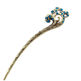 Oriental Pattern Antique Brass Hair Stick with Purple Rhinestones
