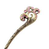 Oriental Pattern Antique Brass Finish Hair Stick with Rhinestones