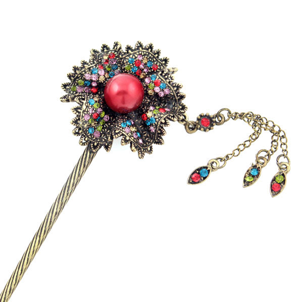 Antique Brass Finish Rhinestone Flower Hair Stick with Pearl and Tassels