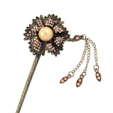 Antique Brass Pink Rhinestone Flower Hair Stick with Pearl and Tassels