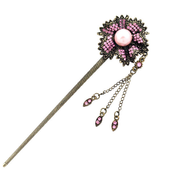 Antique Brass Finish Rhinestone Flower Hair Stick with Pearl and Tassels