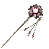 Antique Brass Finish Rhinestone Flower Hair Stick with Pearl and Tassels