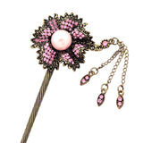 Antique Brass Blue Rhinestone Flower Hairstick w/ Pearl and Tassels