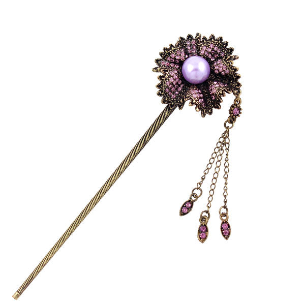Antique Brass Finish Rhinestone Flower Hair Stick with Pearl and Tassels