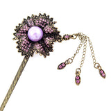 Antique Brass Finish Rhinestone Flower Hair Stick with Pearl and Tassels
