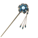 Antique Brass Finish Rhinestone Flower Hair Stick with Pearl and Tassels