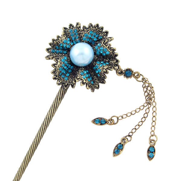 Antique Brass Finish Rhinestone Flower Hair Stick with Pearl and Tassels
