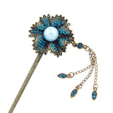 Antique Brass Finish Rhinestone Flower Hair Stick with Pearl and Tassels
