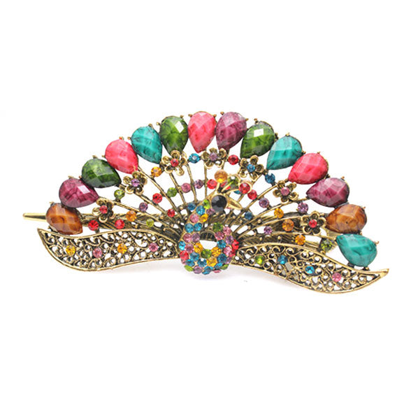 Antique Brass Finish Rhinestone Peacock Hinged Claw Hair Clip Stick Purple