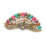 Antique Brass Finish Rhinestone Peacock Hinged Claw Hair Clip Stick Purple