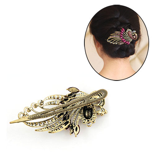 Antique Brass Finish Rhinestone Hinged Claw Hair Clip Stick Peacock Purple